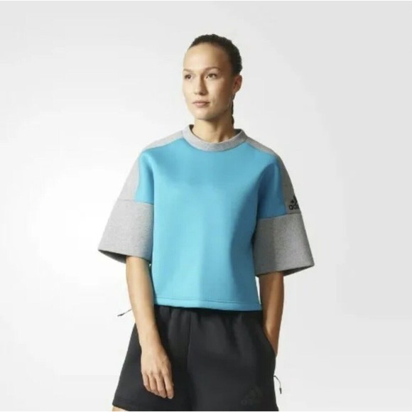 Adidas Ladies XS ZNE SS Crew Rec Sweatshirt Short Sleeve Training Shirt Blue 4-6 - Picture 2 of 8